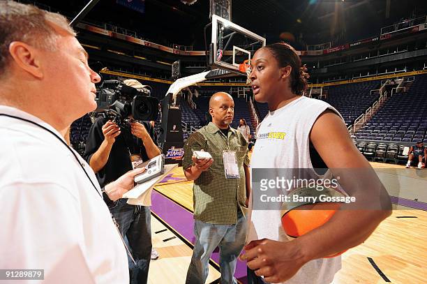 Ebony Hoffman of the Indiana Fever speaks with media during practice for Game Two of the 2009 WNBA Finals against the Phoenix Mercury on September...