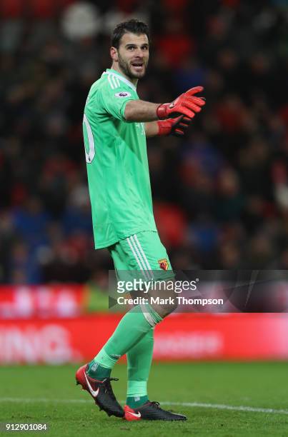 Orestis Karnezis of Watford in action during the Premier League match between Stoke City and Watford at Bet365 Stadium on January 31, 2018 in Stoke...