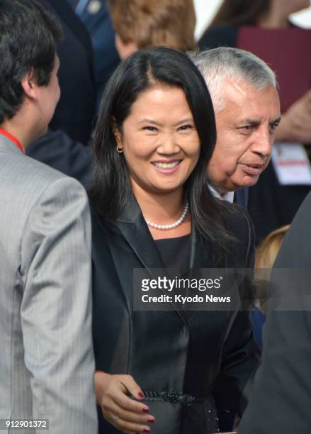 Keiko Fujimori, the daughter of former Peruvian President Alberto Fujimori, attends a welcome ceremony for Pope Francis in Lima on Jan. 19, 2018....