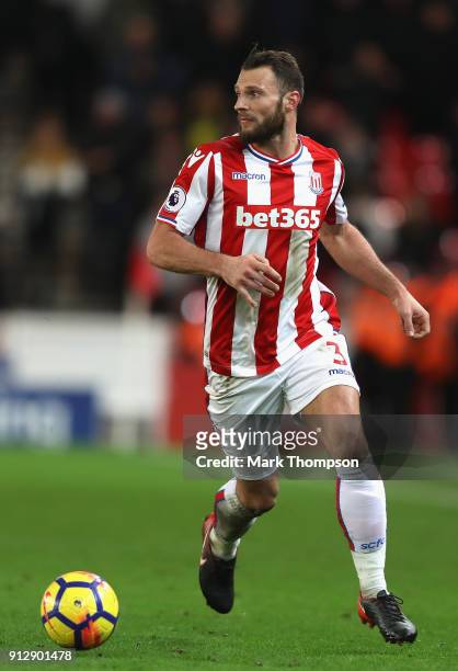 Erik Pieters of Stroke City in action during the Premier League match between Stoke City and Watford at Bet365 Stadium on January 31, 2018 in Stoke...