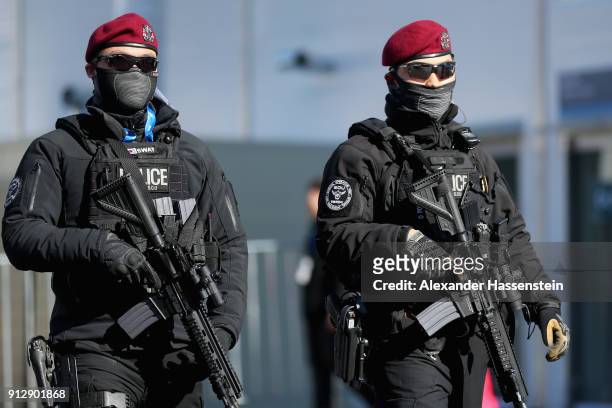 Riot Police patrol during the PyeongChang 2018 Olympic Village opening ceremony at the PyeongChang 2018 Olympic Village Plaza on February 1, 2018 in...