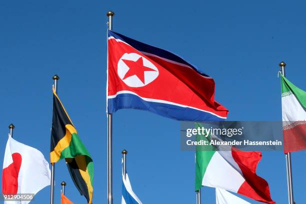 The national flag of DPR Korea is pictured during the PyeongChang 2018 Olympic Village opening ceremony at the PyeongChang 2018 Olympic Village Plaza...
