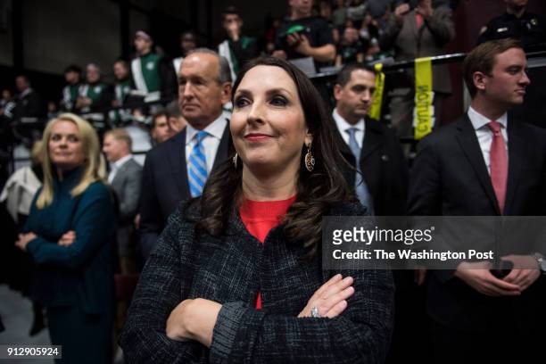 Michigan Republican Party Chairman Ronna Romney McDaniel listens as President-Elect Donald J. Trump speaks at a "USA Thank You Tour 2016" event at...