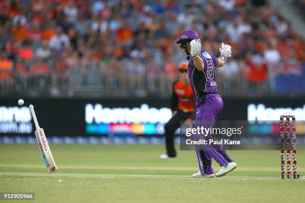 Matthew Wade of the Hurricanes loses the grip on his bat during the Big Bash League Semi Final match between the Perth Scorchers and the Hobart...