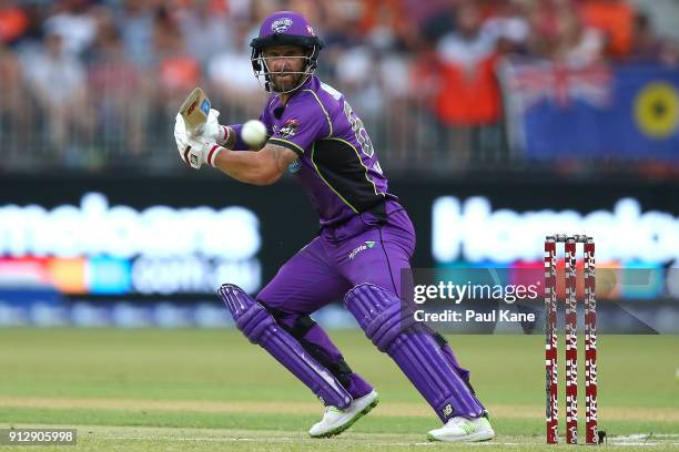 Matthew Wade of the Hurricanes bats during the Big Bash League Semi Final match between the Perth Scorchers and the Hobart Hurricanes at Optus...