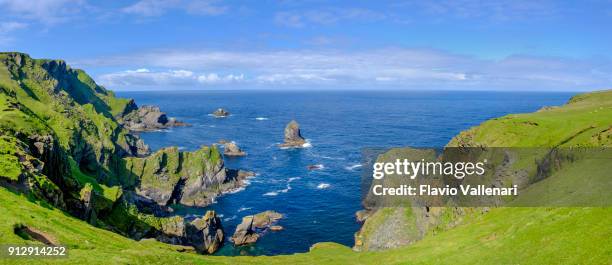 hermaness national nature reserve, a dramatic cliff-top setting and a refuge of thousands of seabirds; it is the britain's most northerly point, located on the island of unst, shetland islands, scotland (5 shots stitched). - nature reserve stock pictures, royalty-free photos & images