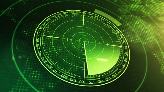 Sonar Screen For Submarines And Ships. Radar Sonar With Object On Map. Futuristic HUD Navigation monitor