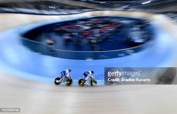 The New South Wales Men's Sprint Team race during the 2018 Australian Track National Championships at Anna Meares Velodrome on February 1, 2018 in...