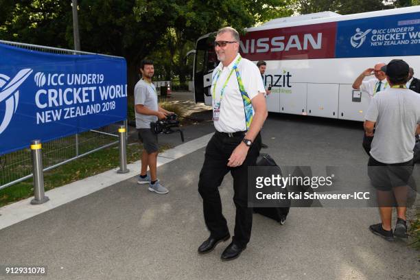 Umpire Paul Wilson arrives prior to the ICC U19 Cricket World Cup Semi Final match between Pakistan and India at Hagley Oval on January 30, 2018 in...