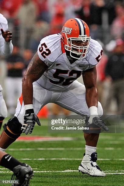 Offensive lineman Jon Asamoah of the Illinois Fighting Illini prepares to block against the Ohio State Buckeyes at Ohio Stadium on September 26, 2009...