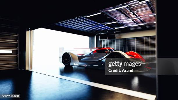 supersportwagen, lemans prototyp, fotorealistische rendering - werkstatt garage stock-fotos und bilder