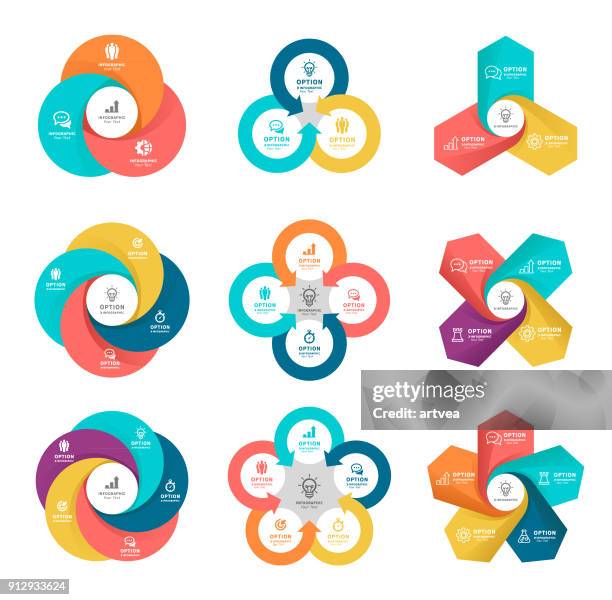 illustrazioni stock, clip art, cartoni animati e icone di tendenza di diagrammi aziendali con 3, 4, 5 passaggi. - circle diagram