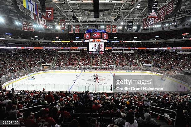 General view of the arena taken during the game between the Carolina Hurricanes and the Atlanta Thrashers at the RBC Center on September 25, 2009 in...