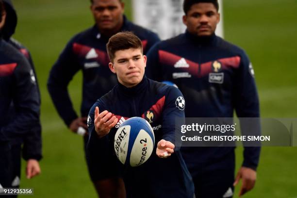 French rugby union national team flyhalf Matthieu Jalibert attends a training session two days ahead of a Six Nations match against Ireland on...