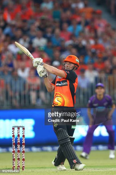 Shaun Marsh of the Scorchers bats during the Big Bash League Semi Final match between the Perth Scorchers and the Hobart Hurricanes at Optus Stadium...