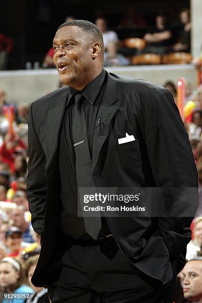 Head coach Rick Mahorn of the Detroit Shock looks on in Game Two of the Eastern Conference Finals against the Indiana Fever during the 2009 WNBA...