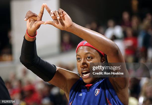 Alexis Hornbuckle of the Detroit Shock calls a play in Game Two of the Eastern Conference Finals against the Indiana Fever during the 2009 WNBA...