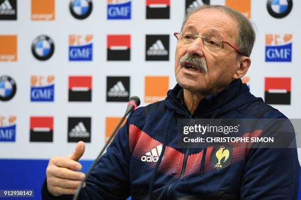 French rugby union national team head coach Jacques Brunel announces the French squad two days ahead of a Six Nations match against Ireland on...