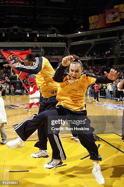 Tully Bevilaqua of the Indiana Fever celebrates with her teammates prior to Game Two of the Eastern Conference Finals against the Detroit Shock...