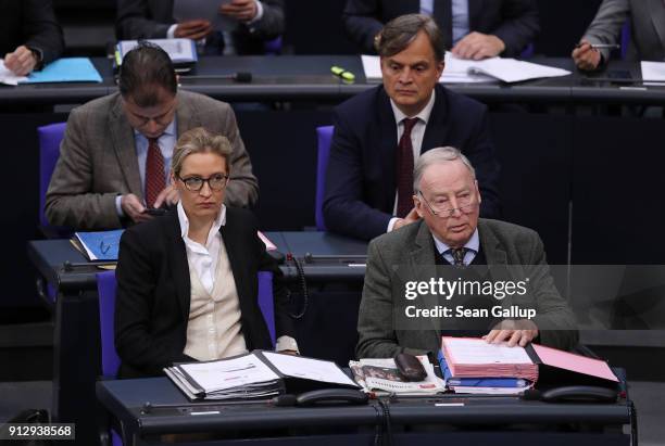 Alice Weidel and Alexander Gauland of the right-wing Alternative for Germany political party attend debates at the Bundestag over a proposal...