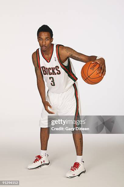 Brandon Jennings of the Milwaukee Bucks poses for a portrait during 2009 NBA Media Day on September 28, 2009 at the Cousins Center in St. Francis,...
