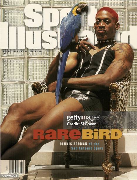 May 29, 1995 Sports Illustrated via Getty Images Cover: Basketball: Unusal portrait of San Antonio Spurs Dennis Rodman casual with parrot bird during...