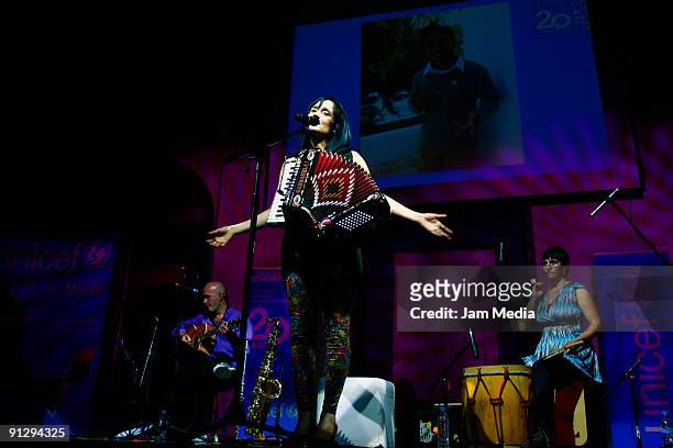 Singer Julieta Venegas performs during a ceremony for her appointment as ambassador of the good will for UNICEF at the Indianilla Station on...