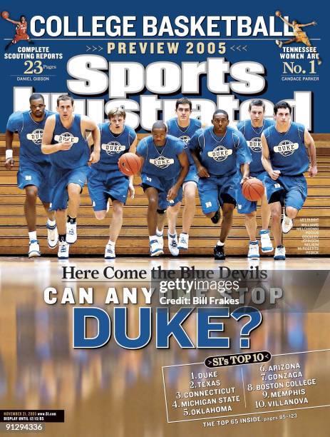 November 21, 2005 Sports Illustrated via Getty Images Cover: College Basketball: Portrait of Duke Shelden Williams, Lee Melchionni, Martynas Pocius,...