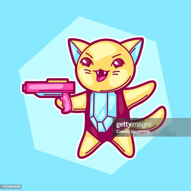 Japanese anime cosplay cat. Cute kawaii character with gun