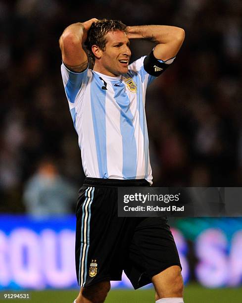 Martin Palermo of Argentina gestures during a match against Ghana as part of the International Friendly at Chateau Carrera Stadium on September 30,...