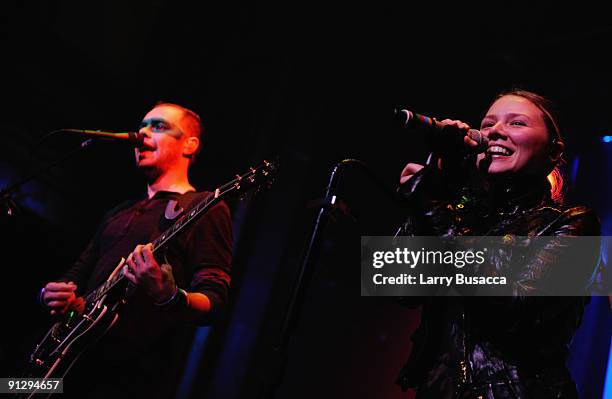 Musicians Jesse Huerta and Joy Huerta of Jesse y Joy perform onstage during the Latin Series GRAMMY Celebration Concert Tour Presented By T-Mobile...