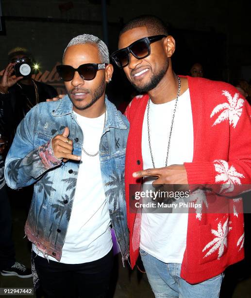 Eric Bellinger and Usher Raymond attend Eric Bellinger's Reveal Party hosted by Teyana Taylor and Wale on January 31, 2018 in Burbank, California.