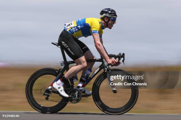 Yellow jersey leader Edward Clancy of Great Britain and JLT Condor during the Jayco Herald Sun Tour, stage 1, 161km Colac to Warrnambool, on February...