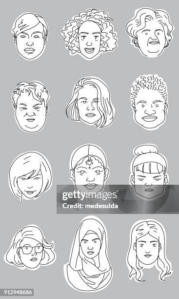 vektor skizzensymbol frau portrait - modest clothing stock-grafiken, -clipart, -cartoons und -symbole