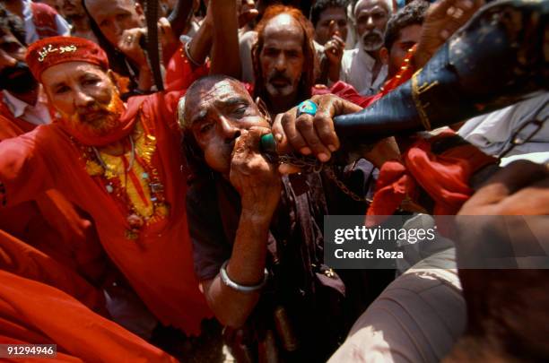 Portrait of a dervish playing horn for calling other dervishes during the annual celebration of Urs of Lal shahbaz Qalandar, a 13th century Sufi...