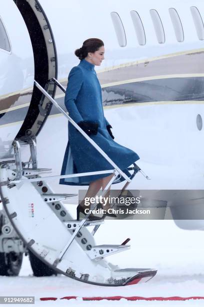 Catherine, Duchess of Cambridge arrives to Oslo Gardermoen Airport on day 3 of her visit to Sweden and Norway on February 1, 2018 in Oslo, Norway.