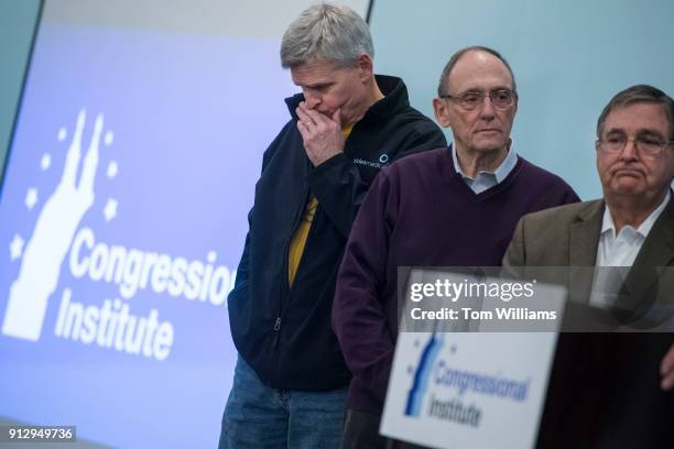 From left, Sen. Bill Cassidy, R-La., Reps. Phil Roe, R-Tenn., and Michael Burgess, R-Texas, talk about the collision between their train and a...