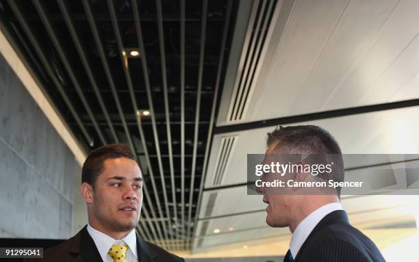 Jarryd Hayne of the Eels talks to boxer Danny Green during the 2009 NRL Grand Final Breakfast at Sydney Convention & Exhibition Centre on October 1,...