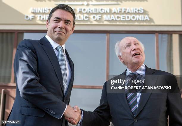 Macedonian Foreign Minister Nikola Dimitrov shakes hands with United Nations mediator Matthew Nimetz during their meeting in Skopje on February 1,...