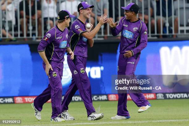 Riley Meredith of the Hurricanes celebrates after taking the wicket of Shaun Marsh of the Scorchers during the Big Bash League Semi Final match...