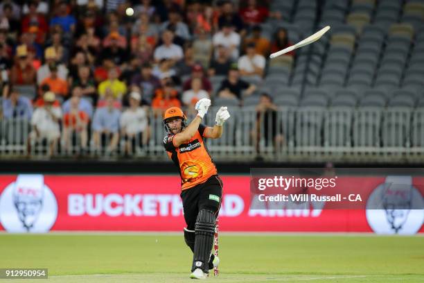Tim Bresnan of the Scorchers lets go of his bat during the Big Bash League Semi Final match between the Perth Scorchers and the Hobart Hurricanes at...