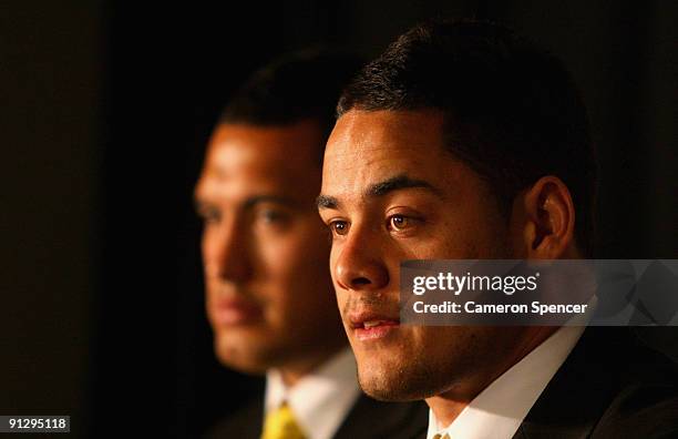 Jarryd Hayne of the Eels talks during a media conference following the 2009 NRL Grand Final Breakfast at Sydney Convention & Exhibition Centre on...