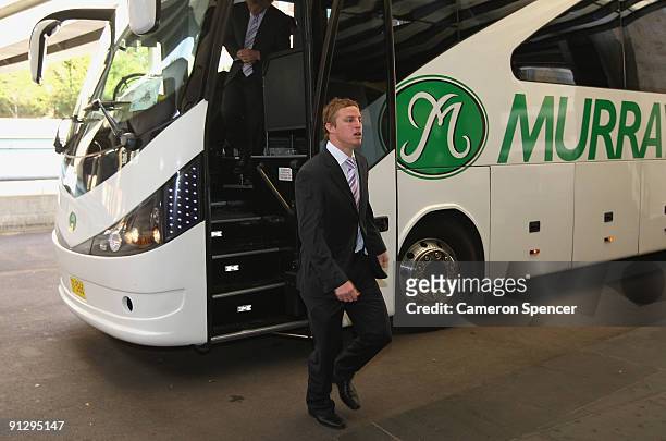Brett Finch of the Storm walks off the team bus arriving at the 2009 NRL Grand Final Breakfast at Sydney Convention & Exhibition Centre on October 1,...