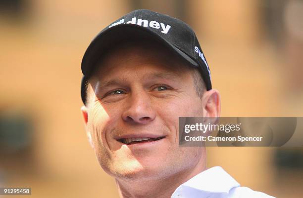 Boxer Danny Green is interviewed during a Danny Green Media Opportunity at Martin Place on October 1, 2009 in Sydney, Australia. Green will be...