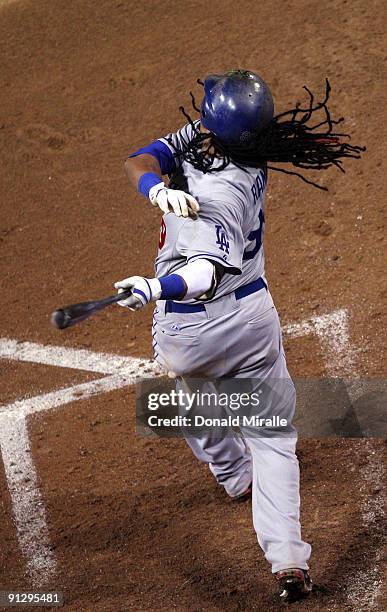 Manny Ramirez of the Los Angeles Dodgers strikes out in the ninth inning during the MLB game between the Los Angeles Dodger and the San Diego Padres...