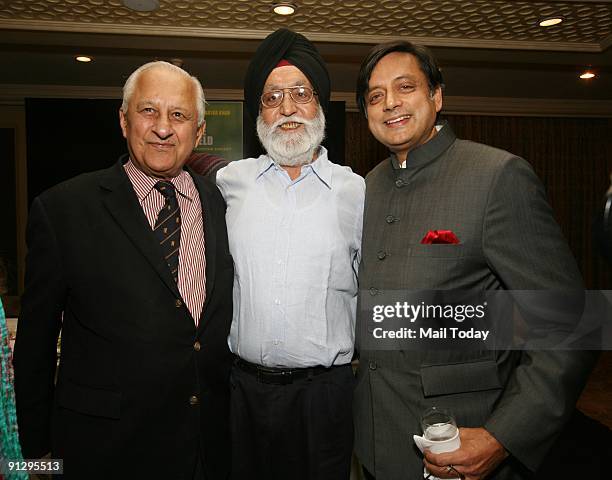 From Left - Shaharyar Khan, MS Gill and Shashi Tharoor at the book release function of 'Shadows Across the Playing Field:60 years of India-Pakistan...