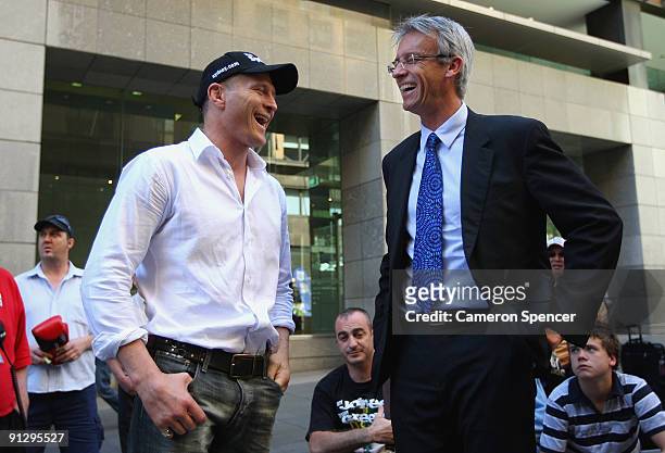 Boxer Danny Green talks to NRL CEO David Gallop during a Danny Green Media Opportunity at Martin Place on October 1, 2009 in Sydney, Australia. Green...