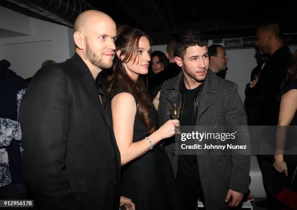 Daniel Ek, Sofia Ek, and Nick Jonas attend "The Minefield Girl" Audio Visual Book Launch at Lightbox on January 31, 2018 in New York City.