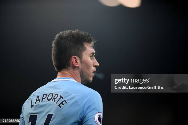 Aymeric Laporte of Manchester City looks on during the Premier League match between Manchester City and West Bromwich Albion at Etihad Stadium on...