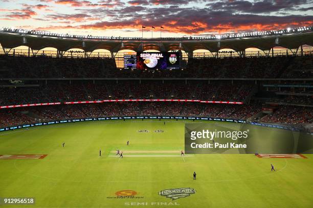General view of play during the Big Bash League Semi Final match between the Perth Scorchers and the Hobart Hurricanes at Optus Stadium on February...